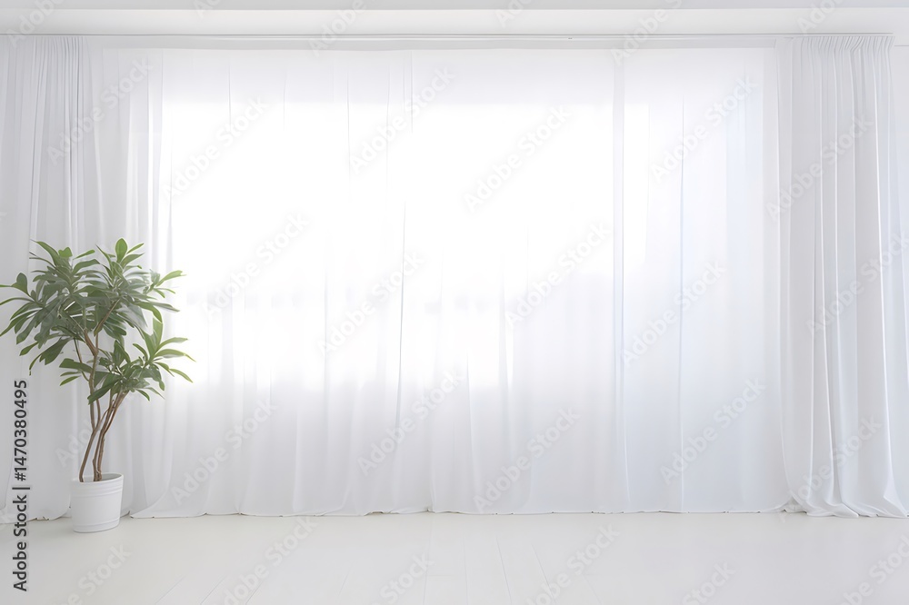 Poster 明るい白い部屋の背景に白いカーテンのそばに緑の鉢植えがある静かでミニマルなシーン
