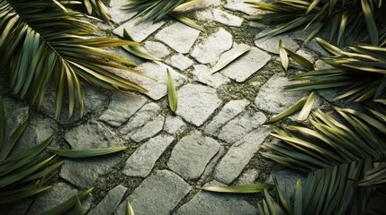 Obraz premium Palm fronds lying on a stone path, symbolizing Jesus' triumphal entry, Palm Sunday theme