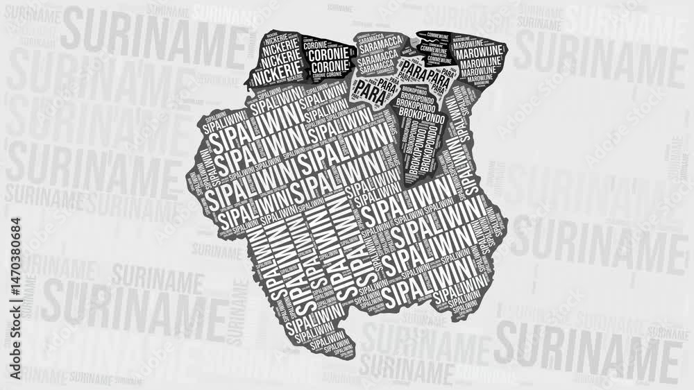Poster suriname animation. visual effect of suriname regions appearing in black and white word clouds style