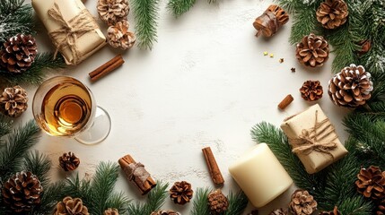 Festive arrangement of holiday gifts and decorations on a light background