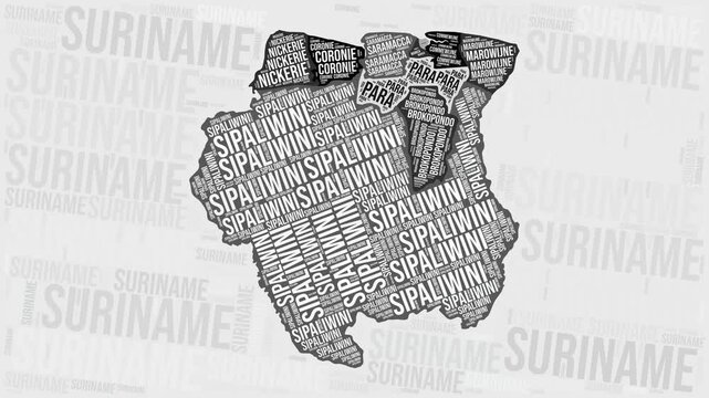 Suriname Animation. Visual effect of Suriname regions appearing in black and white word clouds style. Country intro video. Creative Animated Motion Graphics.