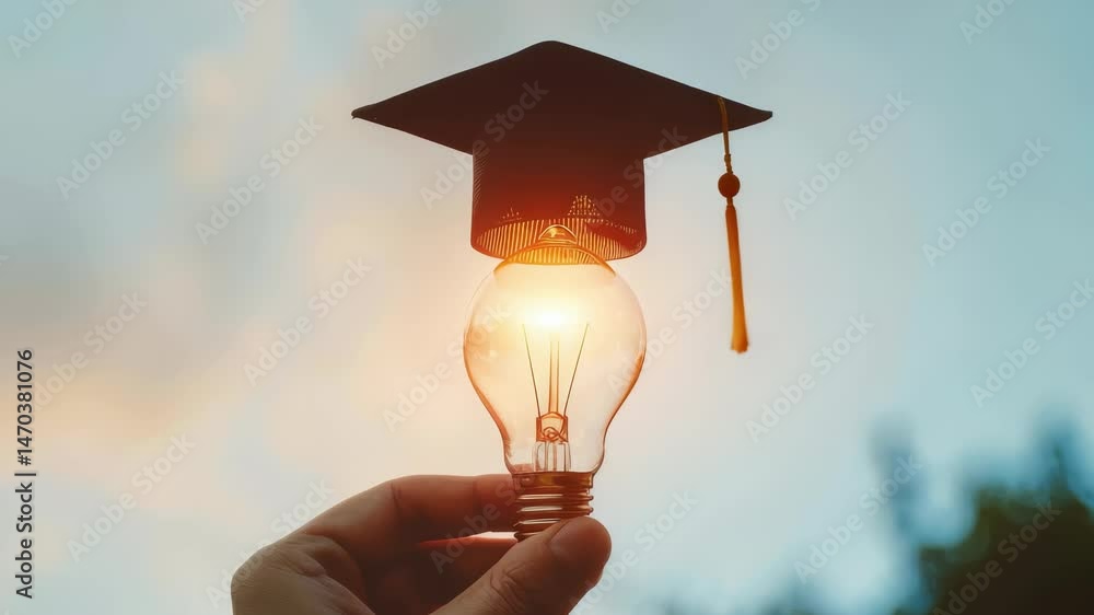 Poster a person holds a glowing lightbulb with a graduation cap on top. the image symbolizes the bright ide