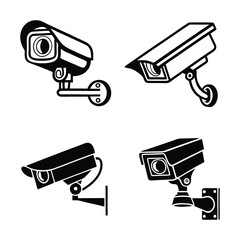 Minimal Security CC Camera Set Silhouette Vector Illustration featuring modern surveillance camera icons 