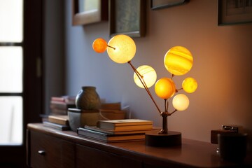 Desk lamp resembling a solar model, glowing orbs in perfect alignment, astronomy-inspired home decor