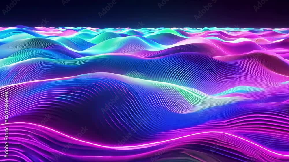 Poster vibrant neon waves creating futuristic abstract landscape background with dynamic light ripples and 
