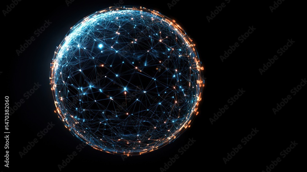 Poster A glowing abstract sphere with connected illuminated nodes in space