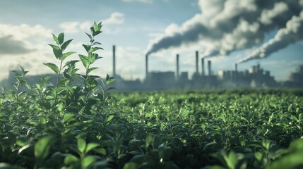 Obraz premium carbon emissions goals industrial smokestack concept. Green plant in foreground with industrial smokestacks in the background.
