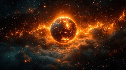 Fiery planet engulfed in cosmic flames and nebula, intense orange and dark hues dominate the scene