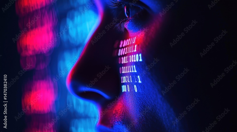 Aufkleber Close up of a human face with binary code reflection