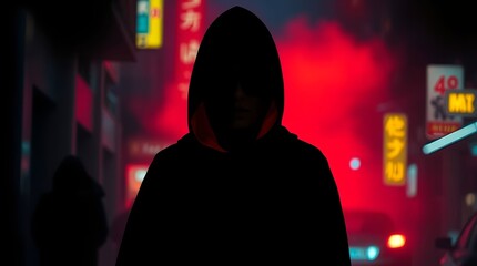 hooded person standing in neon cyberpunk city street with red glowing lights for futuristic urban designs