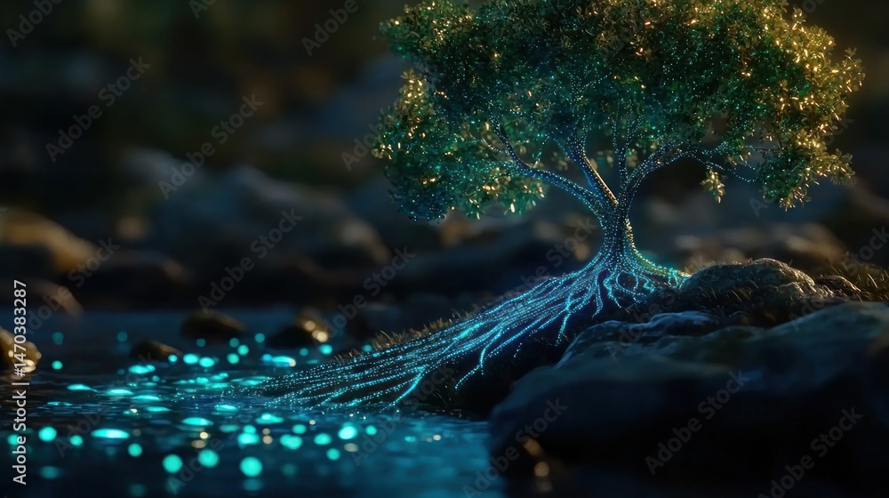 Poster an illuminated tree with glowing roots growing in the water