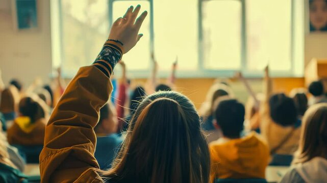 View from the back of a classroom filled with students. Students are raising their hands with intent. A bright classroom setting with focus on students participation.