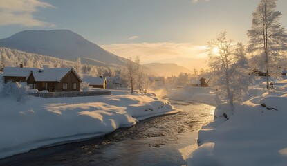 Snowy winter village nestled beside a frozen river.