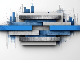 Abstract layered design with grey and blue blocks, textured surface, and subtle city skyline graphic elements