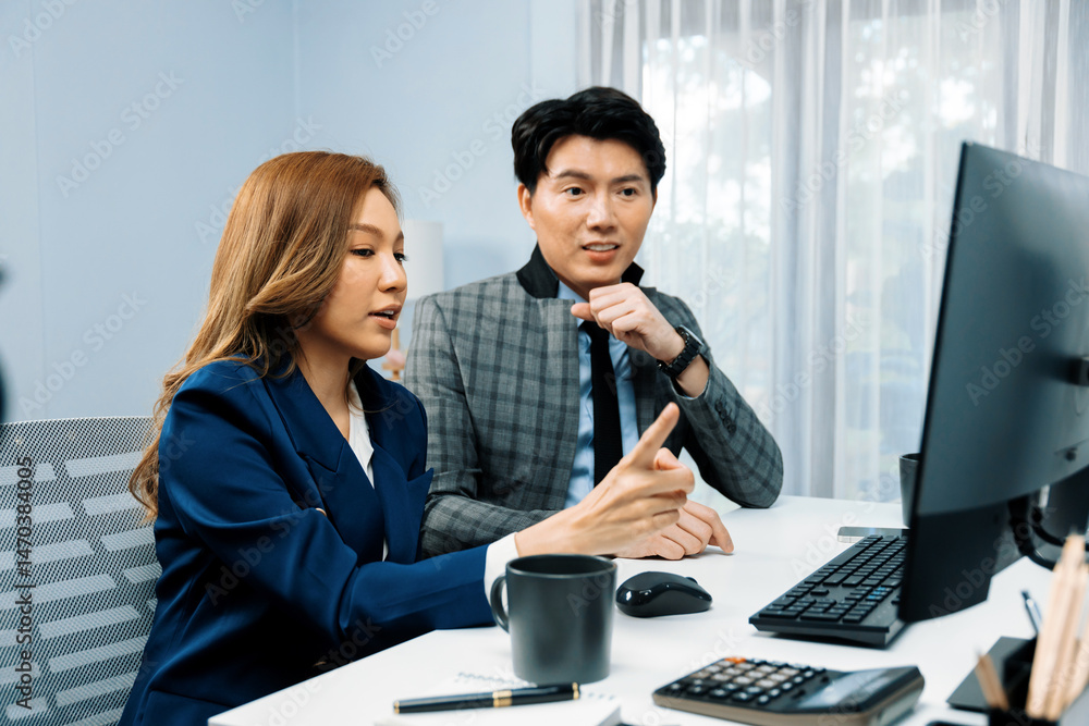 Poster business asian coworkers analyzing marketing report project on two screen computer comparing value s