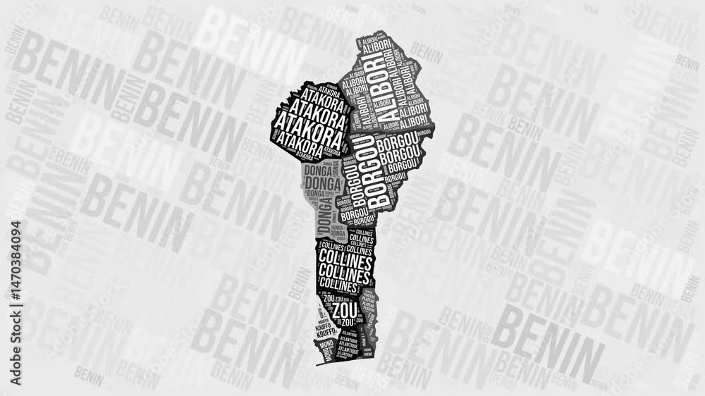 Poster benin animation. visual effect of benin regions appearing in black and white word clouds style. coun