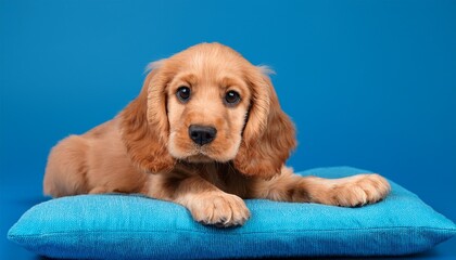 cute cocker spaniel puppy lying on a blue cushion on a blue background