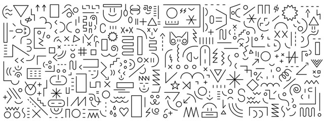  Education creative kids signs and symbols geometric line shapes faces toys robots vector background