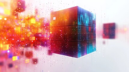 Abstract digital cubes with vibrant colors reflecting in a futuristic environment