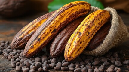 Freshly harvested cacao pods and cocoa beans on rustic wooden surface