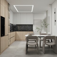 This stylish modern kitchen features a cozy dining area, natural wood cabinetry, matte black marble backsplash, and sleek white cabinets, combining elegance with warmth and function