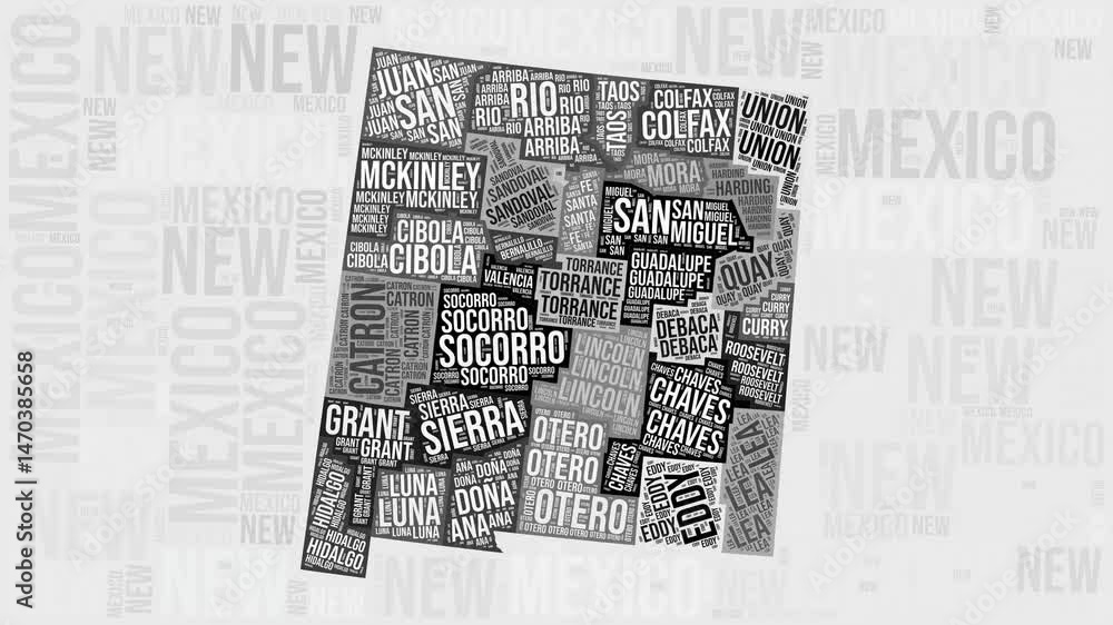 Poster new mexico animation. visual effect of new mexico counties appearing in black and white word clouds 