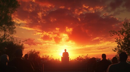 Fototapeta premium A fiery sunset framing a memorial speech at an outdoor funeral, paying homage to a life well-lived