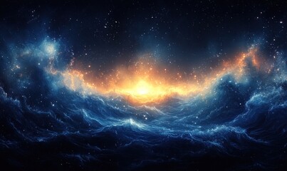 Cosmic ocean waves glow with vibrant, fiery hues and icy blue under a starlit expanse