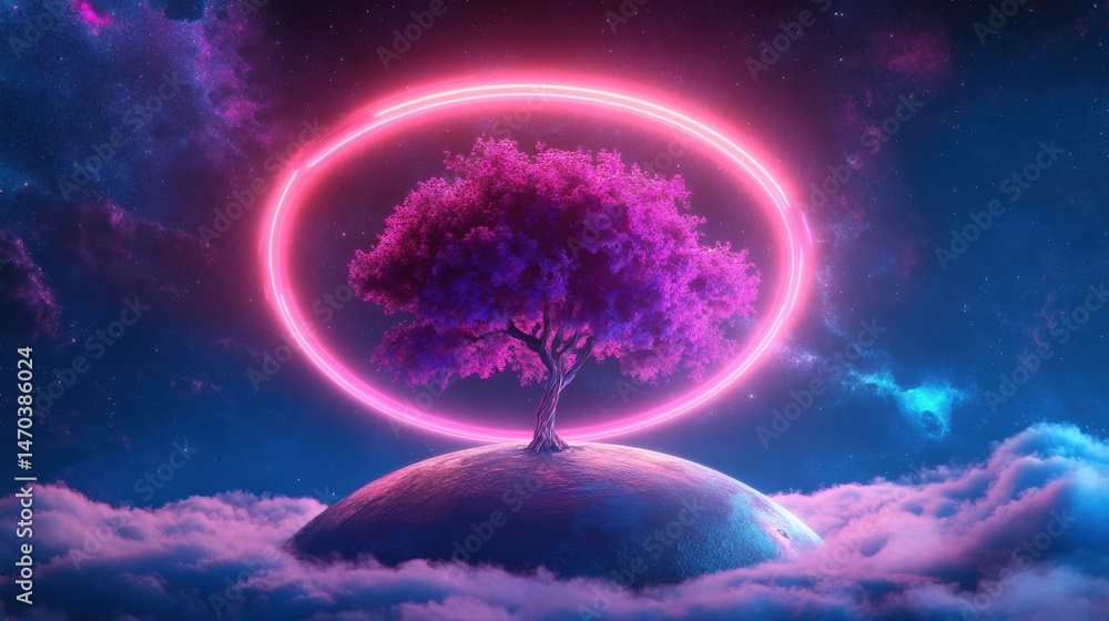 Poster abstract neon background with a cosmic tree sprouting through a planet surrounded by a glowing neon 