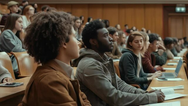 Diverse students fill a lecture hall, engrossed in a presentation. The atmosphere is focused on education, collaboration, and academic growth. The setting is a classic auditorium style.