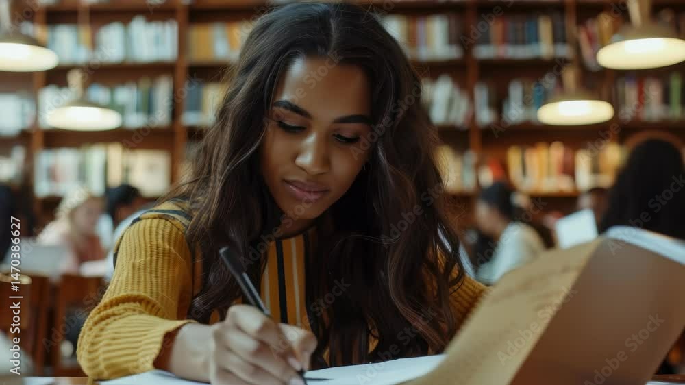 Poster A young woman is pictured in a library setting, surrounded by bookshelves filled with books and other students. She is smiling and focused on taking notes from a book on the table in front of her.