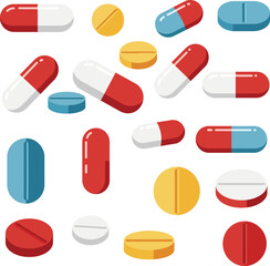 Various colorful pills and capsules illustration in blue red yellow tones medical concept vector design 