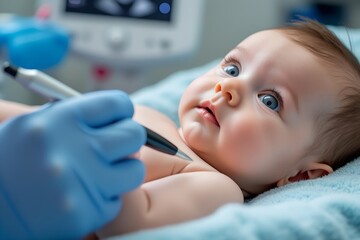 Baby receiving medical check-up with curious expression in clinic  