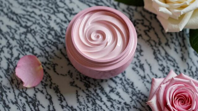 Elegant pink rose cupcake and blooming roses on marble surface: a graceful rotation