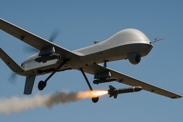 Drone Missile Launch: A Simple Composition of a Predator Drone Firing a Missile. Witness the power and precision of this unmanned aerial vehicle in action, showcasing aerospace engineering a