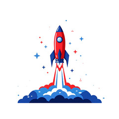 A vibrant red and blue rocket launches into a starlit sky, symbolizing innovation, progress, and the exciting journey of new beginnings a perfect graphic for startups and technology.