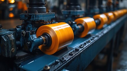 Industrial production line with orange roller mechanisms showing efficiency and precision in manufacturing processes