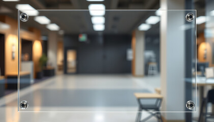 Blank wide transparent glass office corporate Signage plate Mock Up Template, Clear Printing Board For Branding, Logo. Transparent acrylic advertising signboard proportion 1 : 2 mockup front view, b