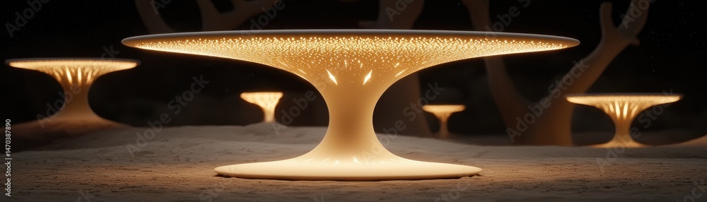Poster futuristic glowing organic tables are illuminated in a dark setting