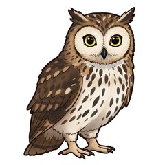 A charming illustration of a spotted eagle owl bird with brown and beige feathers against a transparent background ideal for nature wildlife educational resources designs and children's books