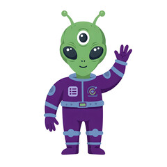 A friendly three-eyed alien in a purple spacesuit waves hello a whimsical cartoon character perfect for kids books websites or app design featuring vibrant colors and a fun extraterrestrial design
