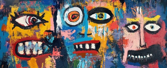 Vibrant, abstract faces in bold colors.