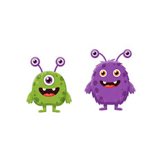 Adorable cartoon monsters with friendly expressions and vibrant colors perfect for children's book illustrations, game design, or fun apparel graphics featuring whimsical creatures.