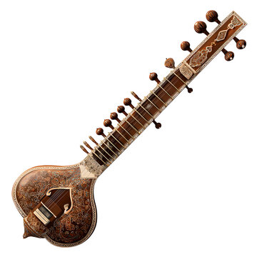 Exquisitely Crafted Vintage Sitar Indian Classical Music Instrument  Detailed Closeup Studio Shot against Black Background showcasing Intricate Wood Carving and Metal Inlay