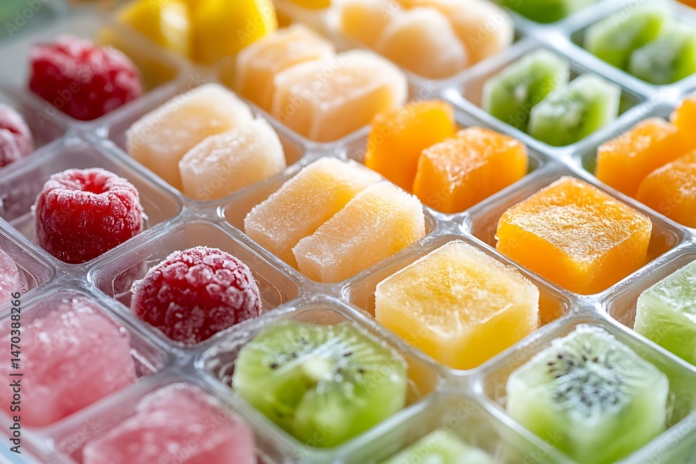 Poster a frozen fruit smoothie cube tray with colorful fruit sections individually frozen