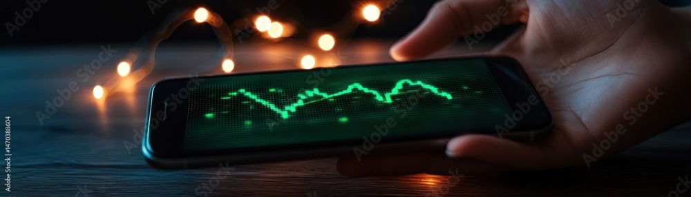 Poster a hand holding a phone displaying a financial graph