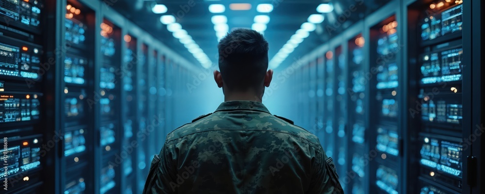 Poster soldier in uniform stands in server room with high-tech tech equipment. military person in camo serv