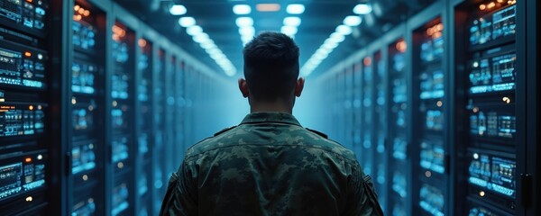 Soldier in uniform stands in server room with high-tech tech equipment. Military person in camo serves as cyber defense force protector. Modern digital IT, network security and data protection.