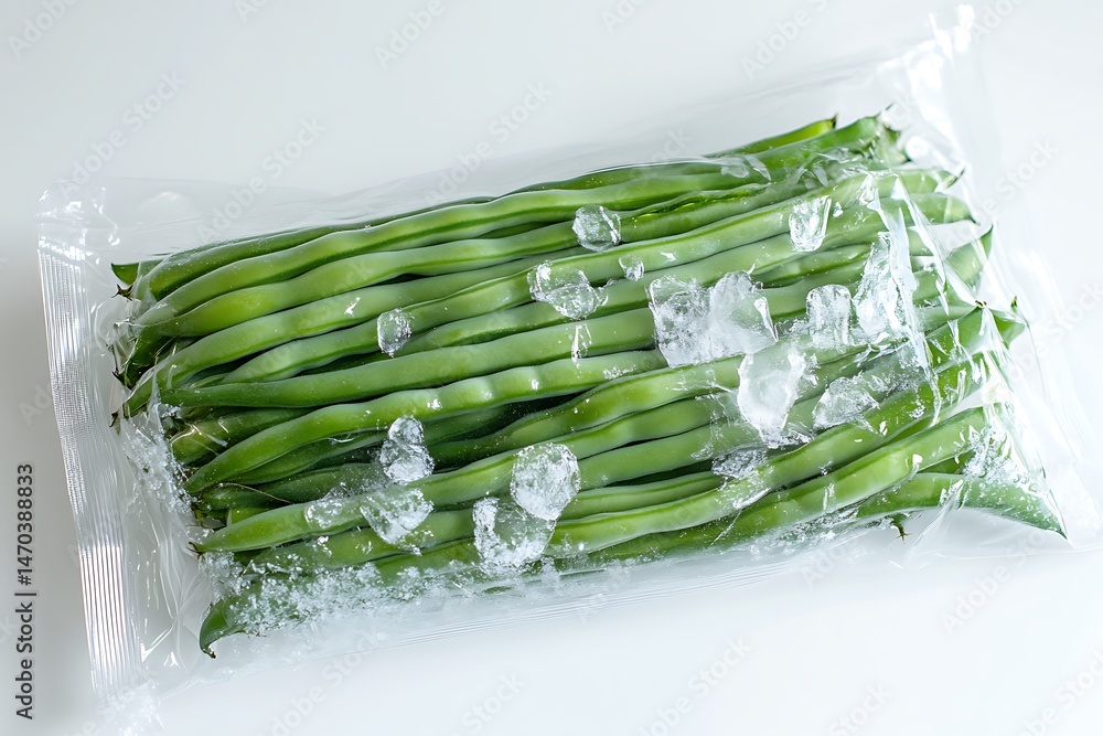 Poster a frozen green bean bundle in a transparent bag with visible ice and airtight seal