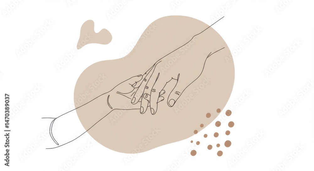 Aufkleber a minimalist line art illustration of two hands touching with abstract shapes and dots around them